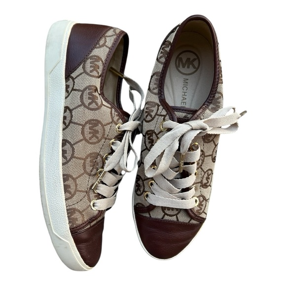 Michael Kors Shoes Brown Leather Tan Canvas Logo Lace Up Sneakers Size 6.5 - Picture 7 of 7